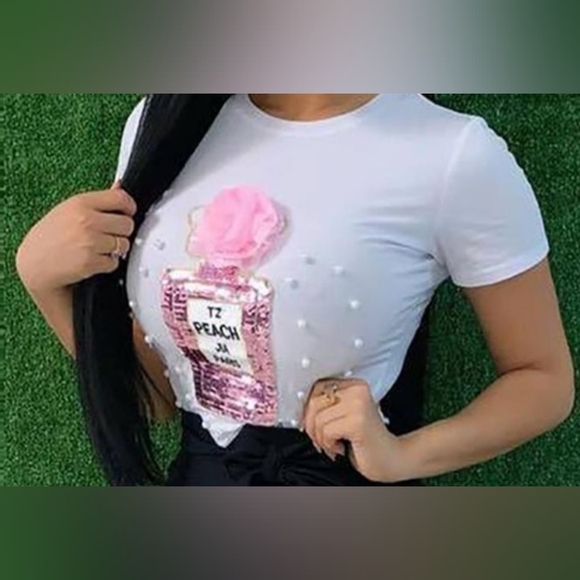 Tops - T-Shirt With A Sequin Perfume Bottle design and pearls🩷